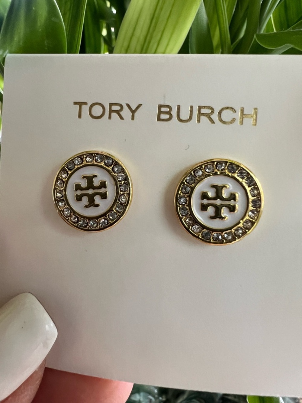 Tory Burch Gold and White Logo Crystal Circle Studs